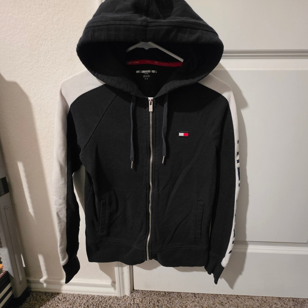 Tommy Hilfiger Sport Womens Full Zip Hoodie Black White Colorblock Small - Picture 2 of 8